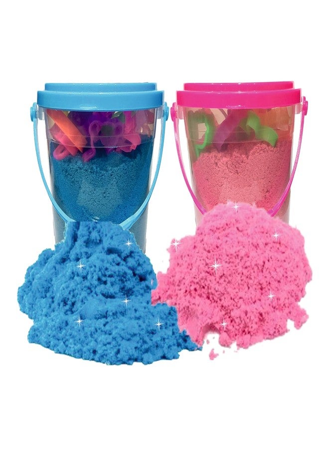 Rabbit Magic Flow 1KG Play Sand Bucket for Kids - Includes 20 Fun Moulds, Roller & Cutter | Soft, Mess-Free Sand for Creative Play & Sensory Fun | Age 5+ (Pink-Blue) - Image 1